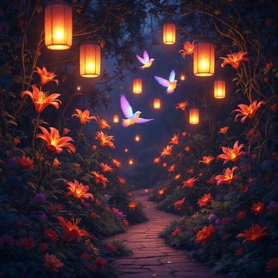 The primary subject of the image is a pathway surrounded by flowers and lit by lanterns. The setting is a garden with a forest-like atmosphere. The visual style is a digital art illustration, creating a vibrant and lively scene. The colors and mood are predominantly warm and inviting, with the lanterns adding a touch of magic to the environment.